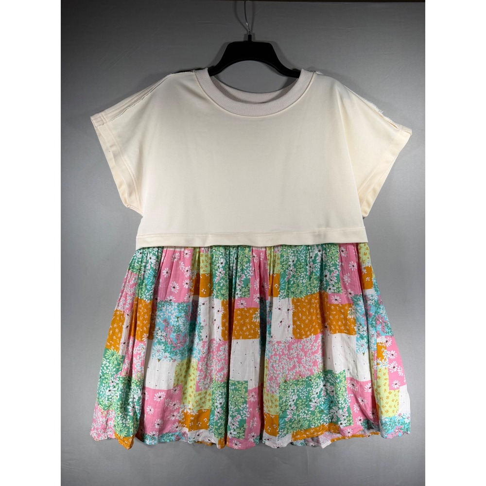 In February Los Angeles Floral Patchwork Mixed Media Babydoll Top Small Cream